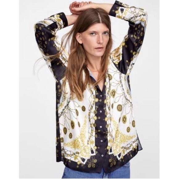 Zara Tops - Zara Woman Ecru Chain Scarf Print Button Down Blouse Sz S